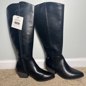 NWT Life Stride Wide Calf Black Knee High Riding Boots Size 8W- Faux Leather
